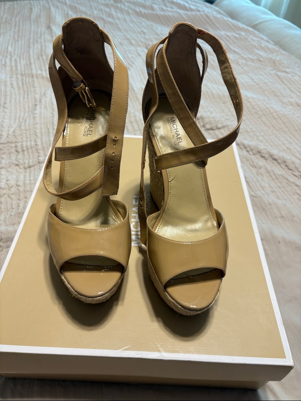 Michael Kors Beige Patent Leather Wedge Sandals